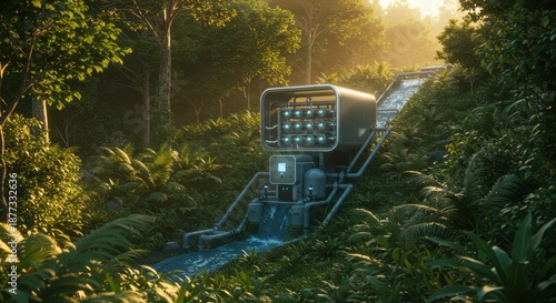 Futuristic water purification system nestled in a lush, sunlit forest environment.