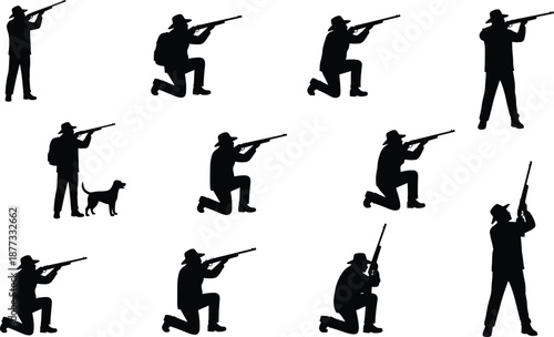 Hunter shooting rifle silhouettes set illustration showing standing and kneeling hunting poses with dog, outdoor sport activity, and shooting practice positions