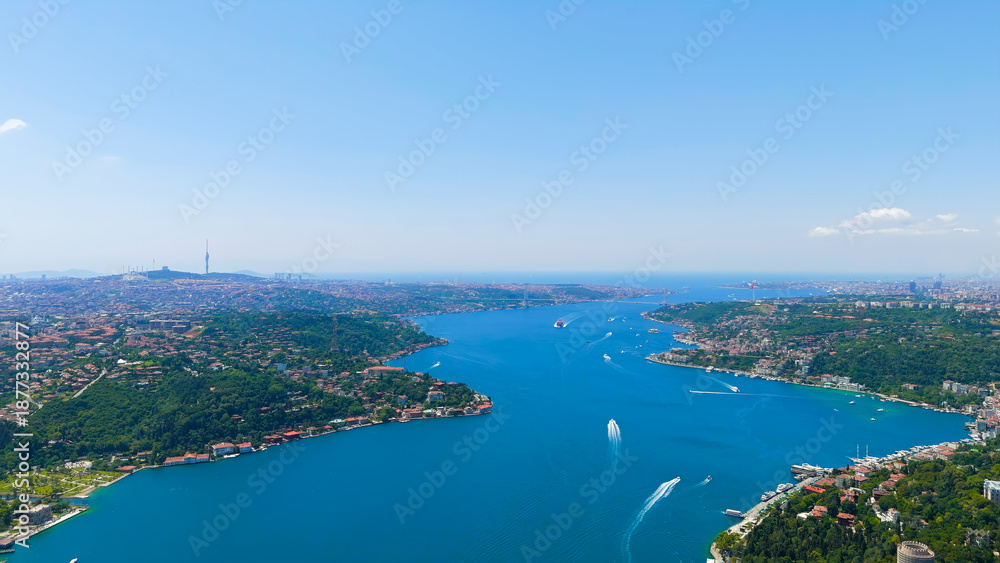 Obraz premium Istanbul, Turkey. City panorama. Flight over the Bosphorus. Strait between Europe and Asia. Sunny day, Aerial View