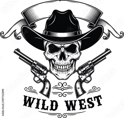 Wild west skull cowboy emblem with hat and crossed revolvers vintage western vector illustration isolated on white background