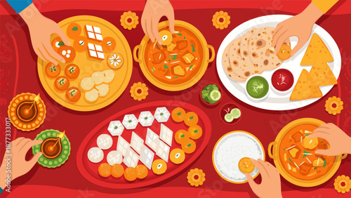 Diwali festival celebration vector illustration of Indian food and diyas top view flat lay