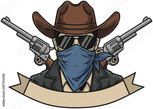 Wild west outlaw cowboy character with revolvers hat sunglasses and bandana emblem vector illustration isolated on white background