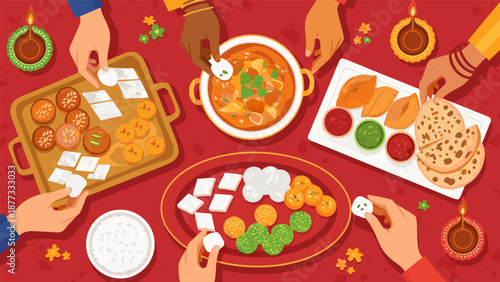 Diwali celebration vector illustration of family sharing traditional Indian sweets and food during festival