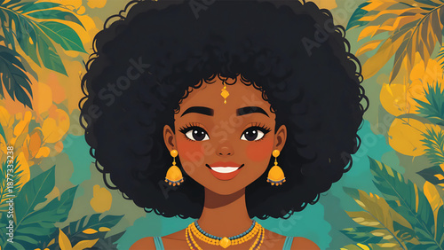 Smiling black woman with afro hairstyle and gold jewelry in tropical setting.