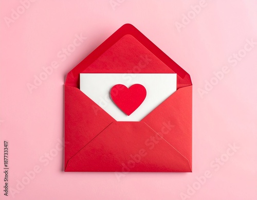 Red envelope with heart inside on pink background