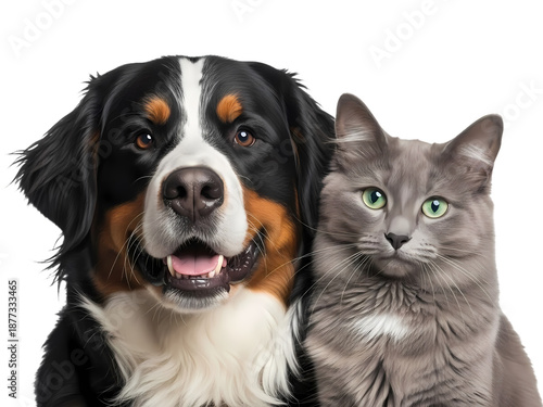 Friendly dog and cat together in black background