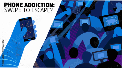 Illustration highlighting phone addiction in modern society with crowd