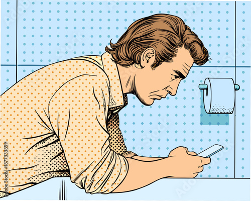 Man checking phone in bathroom with toilet paper roll nearby