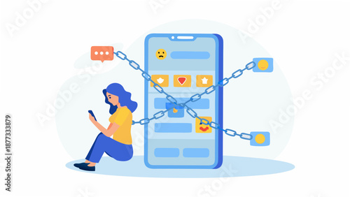 Woman feeling trapped by social media on her smartphone