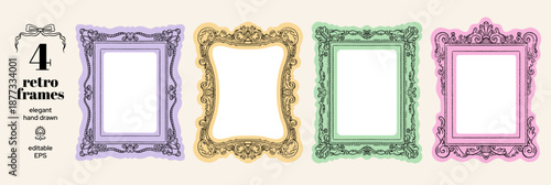 Mirror frame. Doodle picture or photo frames vector. Vintage mirrors. Whimsical ornate decorative painting. Cartoon picture photo gallery. Oval antique border. Retro old set. Baroque, victorian art bg