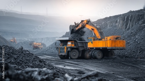 Heavy machinery at work in an industrial landscape. This scene portrays the power of technology in resource extraction. A breathtaking view of a mining operation. Generative AI