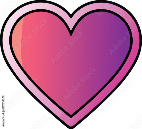 Vibrant gradient heart shape with a soft pink to purple color transition and a thick black outline, set against a clean white background, modern, concept