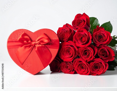A bouquet of red roses next to a heart-shaped gift box on a white surface