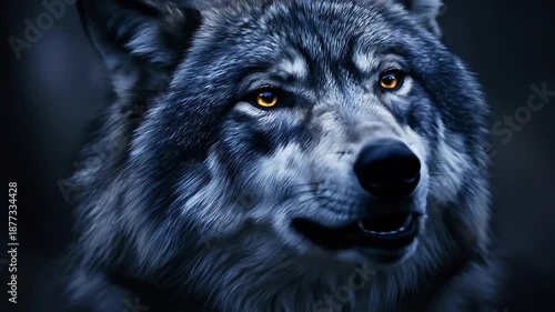 Intense Close-Up of a Grey Wolf with Piercing Yellow Eyes and Thick Fur