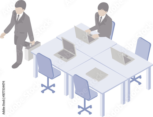 Isometric Office Environment Illustration. Businessmen Working on Laptops at Hot Desking Workspace