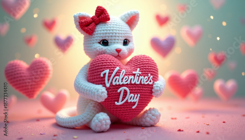 Majestic Crocheted White Cat Holding Pink Heart Valentine’s Day Illustration
