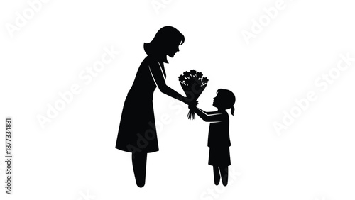 Mother giving bouquet flowers to little girl in silhouette symbolizing love and appreciation on a white background