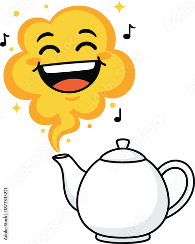 Happy Teapot Sticker | Joyful Laughing Steam Cloud Vector for Kids and Kitchen Decor