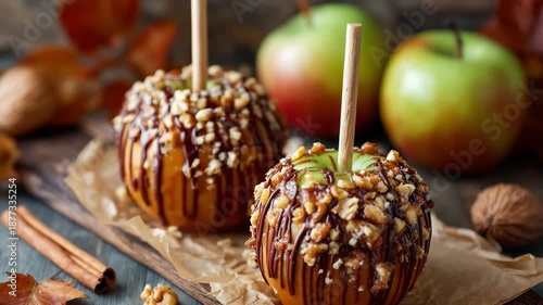 Caramel apples with chocolate drizzle and nuts on rustic wooden table. Homemade caramel apples on parchment paper, nuts and chocolate drizzle