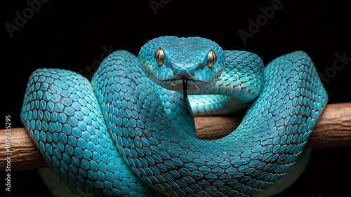 Blue Insularis Viper Coiled on Branch Flicking Tongue Against Black Background