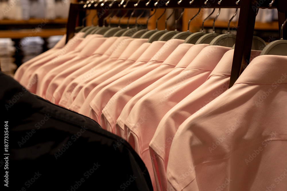 Fototapeta premium Row of pink shirts on hangers. Pink shirts of various sizes in classic clothing store. Choosing the right shirt. Concept of buying shirt, choosing right size. Shopping in premium store for wealthy men
