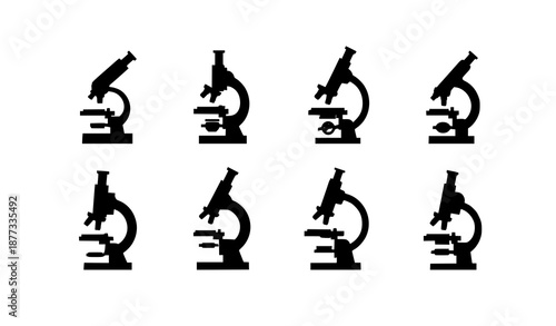 Flat microscope vector icon set for medical research science and app design
