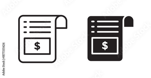 Payment receipt icons, black line art and clipart vector logo