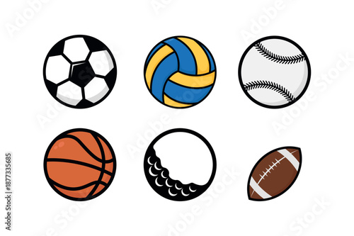 Collection of six different sports balls on white background Keywords: sports, ball, soccer