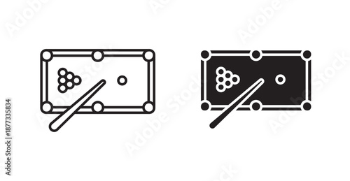 Pool table icons, black line art and clipart vector logo