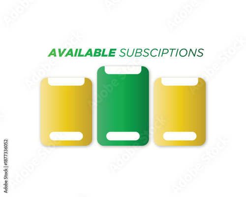 Available subscriptions displayed on three different smartphone screen mockups with vibrant colors
