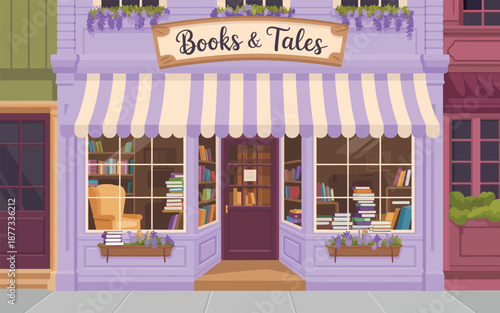 Charming purple bookstore facade with striped awning and cozy reading chair in the window, Books and Tales shop illustration.