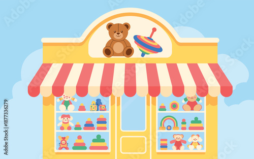 Colorful toy shop storefront with a large teddy bear and spinning top on the roof, toy store illustration for kids.