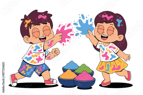 Children Celebrating Holi with Colorful Powder