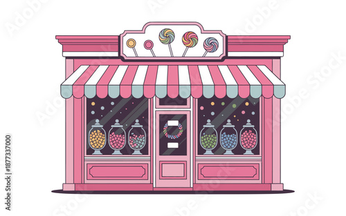 Whimsical pink candy store facade with lollipops on the roof and jars of colorful treats in the window.