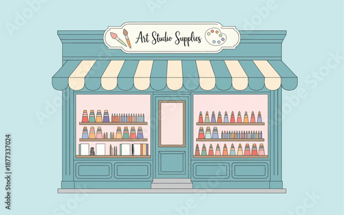 Teal art supply store storefront with striped awning and shelves of paint tubes and brushes, art studio supplies shop illustration.