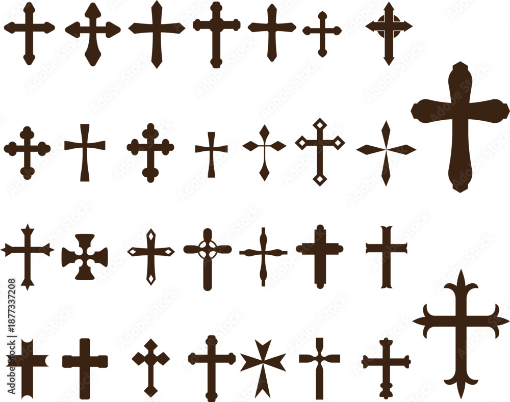 Fototapeta premium Large collection set of various Christian cross silhouettes and crucifix icons representing faith, spirituality, and religion in vector format design.
