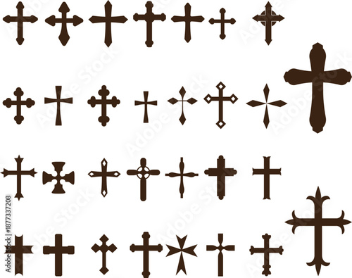 Large collection set of various Christian cross silhouettes and crucifix icons representing faith, spirituality, and religion in vector format design.