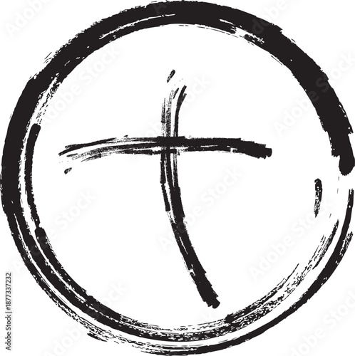 Powerful distressed black ink drawing of the religious cross centered within a circular frame, evoking deep spiritual faith and worship