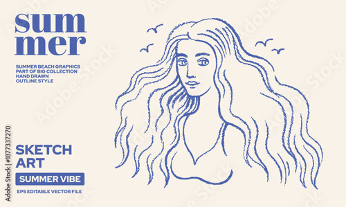 Summer beach woman. Sea sketch. Italian woman hand drawn illustration. Vintage Hawaii Bali Italy sea vacation drawing. Sunbathing woman retro minimal doodle print. Tropical hula beach girl vector