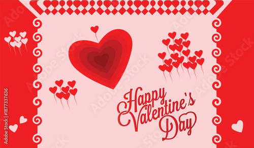 Valentines Day romantic love background with red and pink paper cut hearts soft clouds and festive design