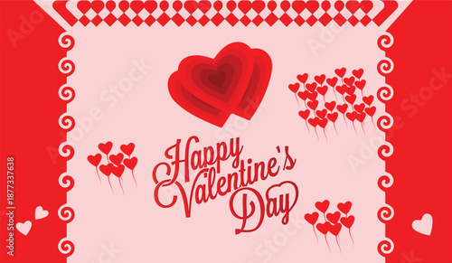 Valentines Day romantic love background with red and pink paper cut hearts soft clouds and festive design