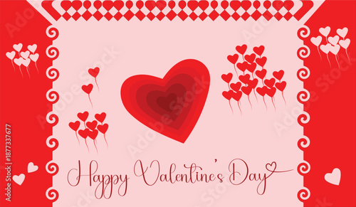 Valentines Day romantic love background with red and pink paper cut hearts soft clouds and festive design