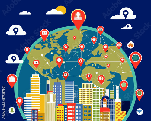 Global business connections with cityscape and location markers worldwide