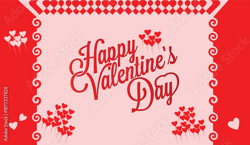 Valentines Day romantic love background with red and pink paper cut hearts soft clouds and festive design