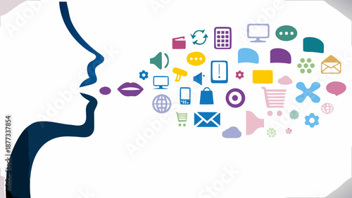 Vibrant digital communication icons emerging from a human head