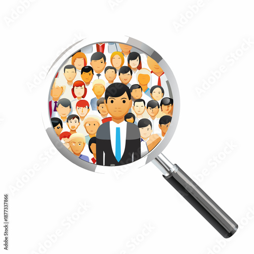 Businessman stands out in crowd under magnifying glass scrutiny
