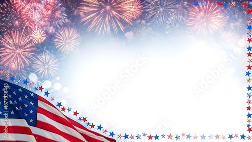 American flag waving with fireworks and star border on white background