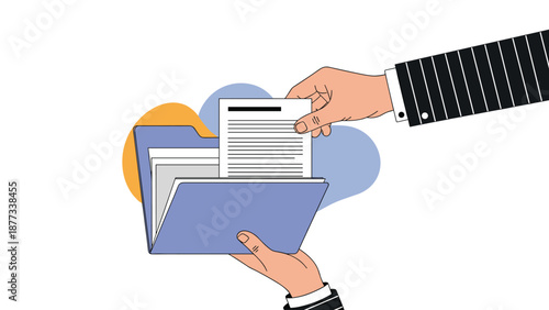 Professional person in formal suit organizes important office documents by carefully placing a white paper into a blue file folder.