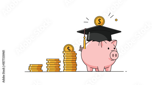 Pink piggy bank wearing a graduation cap next to increasing coin stacks representing education savings and university funding.