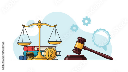 Legal justice concept featuring scales of justice, law books, a wooden gavel, and a bitcoin coin illustrating cryptocurrency regulations.